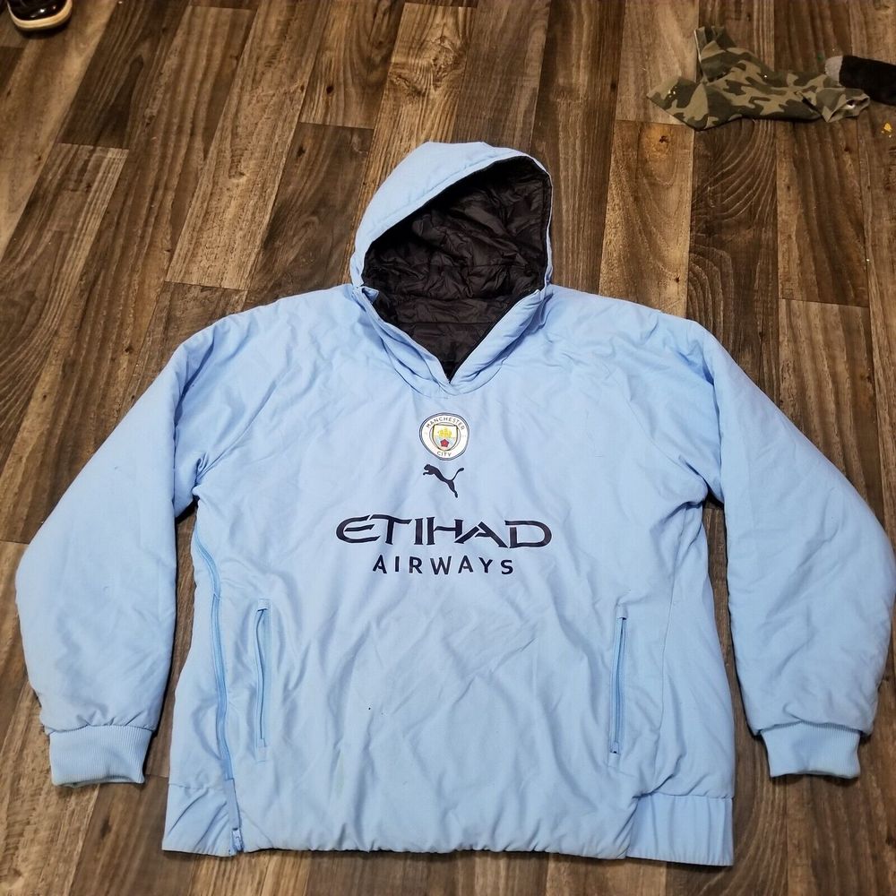 PUMA Manchester City Jacket Reversible 1/4 Zip -Black Blue Has Holes Discolored